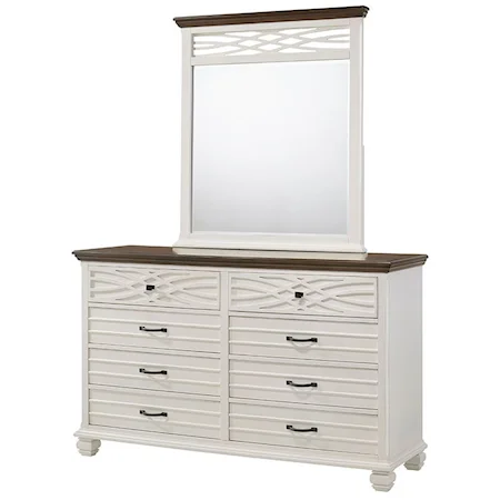 Rustic Casual Dresser and Mirror Set with Two-Tone Finish